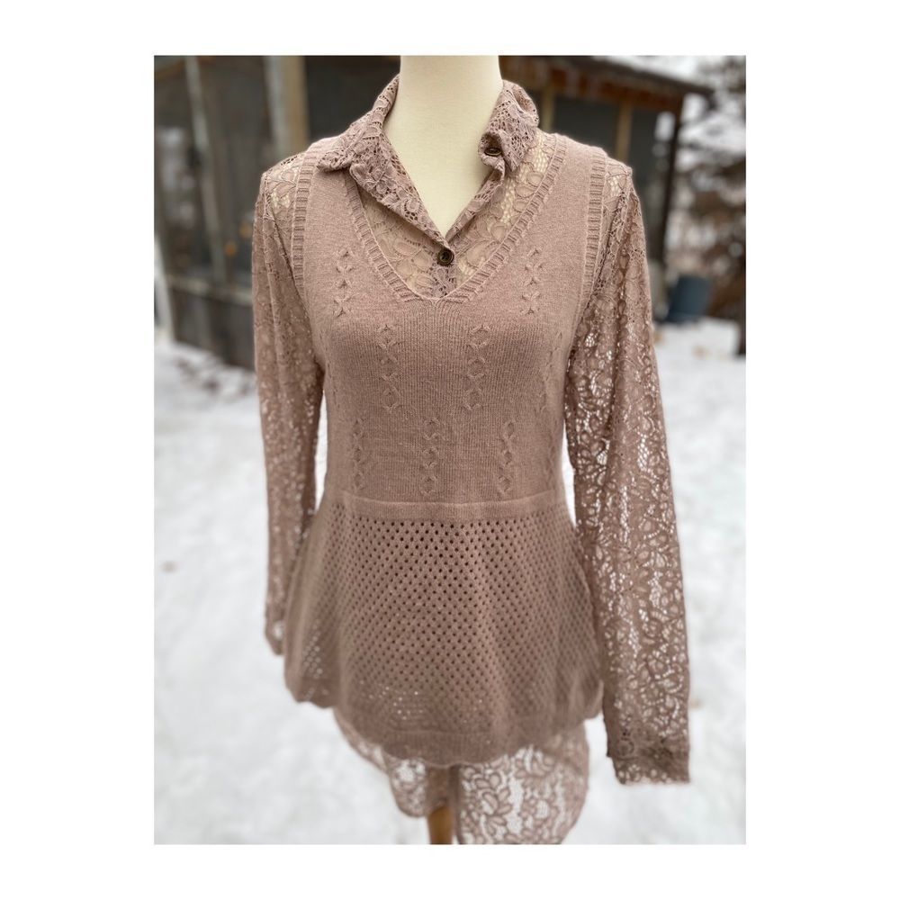Simply Couture Set Lace Tunic Knit Sweater Vest Taupe Sz S